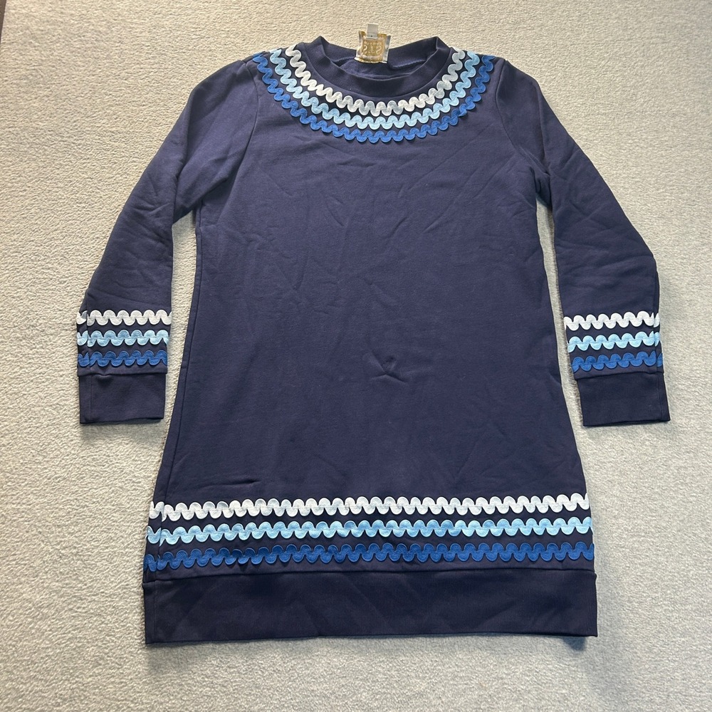 Sail to Sable SIS Shift Dress Womens Medium Navy Blue Ric Rac Trim Long Sleeve